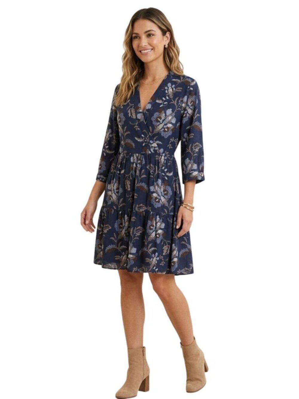Rachel Zoe NWT V Neck 3/4 Wide sleeve Ruffled Hem Dress Navy Floral Size M